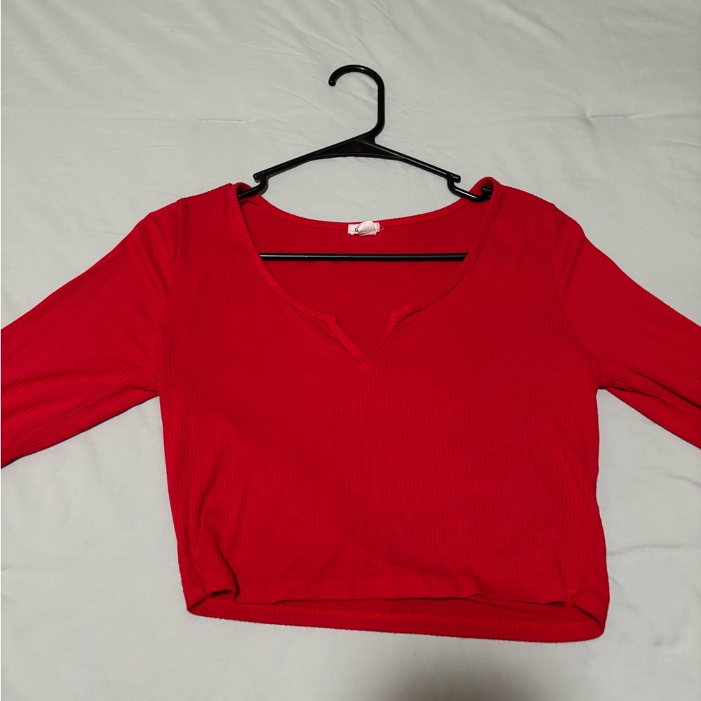 Garage Red Ribbed V-Neck Blouse